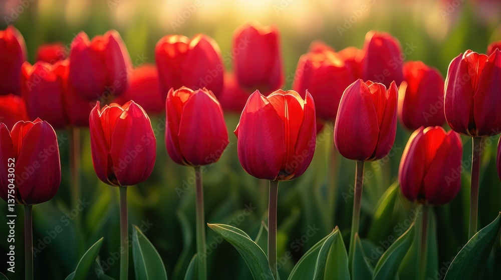 Vibrant red tulips in a field at sunset Vibrant red tulips in a field at sunset