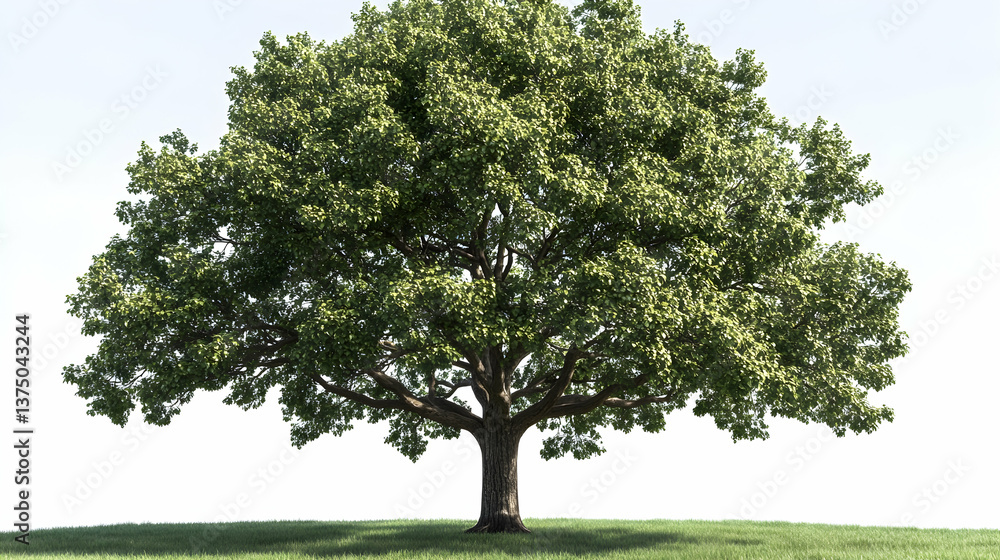 Fototapeta premium A majestic, full, green deciduous tree stands alone on a grassy knoll against a clear sky . AI generative