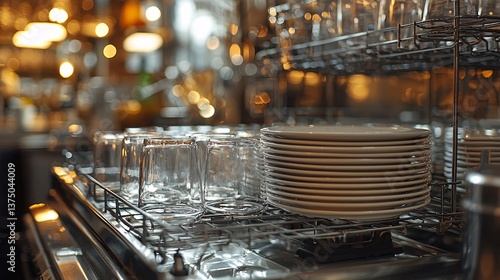 Dishwashing action in a modern restaurant kitchen close-up view industrial setting
