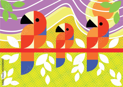 Stylized vector multicolored illustration of macaws on abstract background.