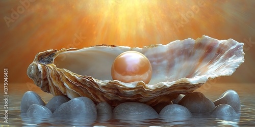 Pearl in Oyster Shell on Rocks.