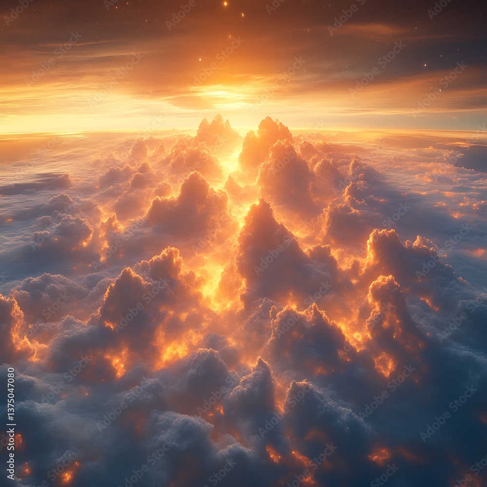 Fototapeta premium Aerial sunset view golden cloudscape above, starry sky