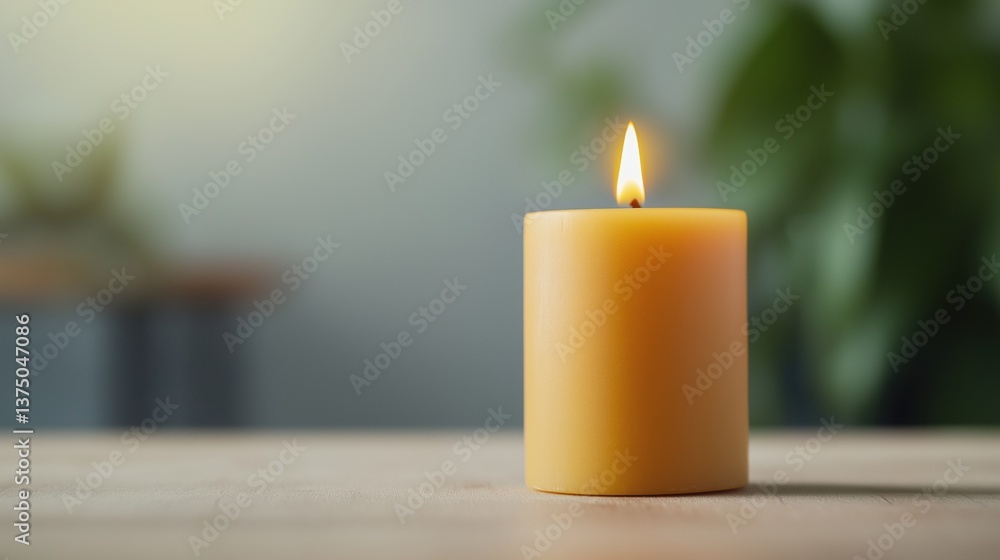 Close-up of a single yellow candle on a wooden surface. the candle is lit, with the flame burning brightly. the background is blurred, but it appears to be a room with a plant and a blue wall. Close-up of a single yellow candle on a wooden surface. the candle is lit, with the flame burning brightly. the background is blurred, but it appears to be a room with a plant and a blue wall.