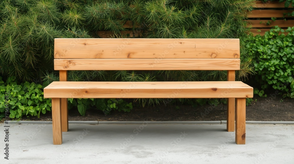 Wooden bench sitting on a concrete surface in front of a green hedge. the bench is made of light-colored wood and has a simple design with a slatted backrest and four legs. Wooden bench sitting on a concrete surface in front of a green hedge. the bench is made of light-colored wood and has a simple design with a slatted backrest and four legs.