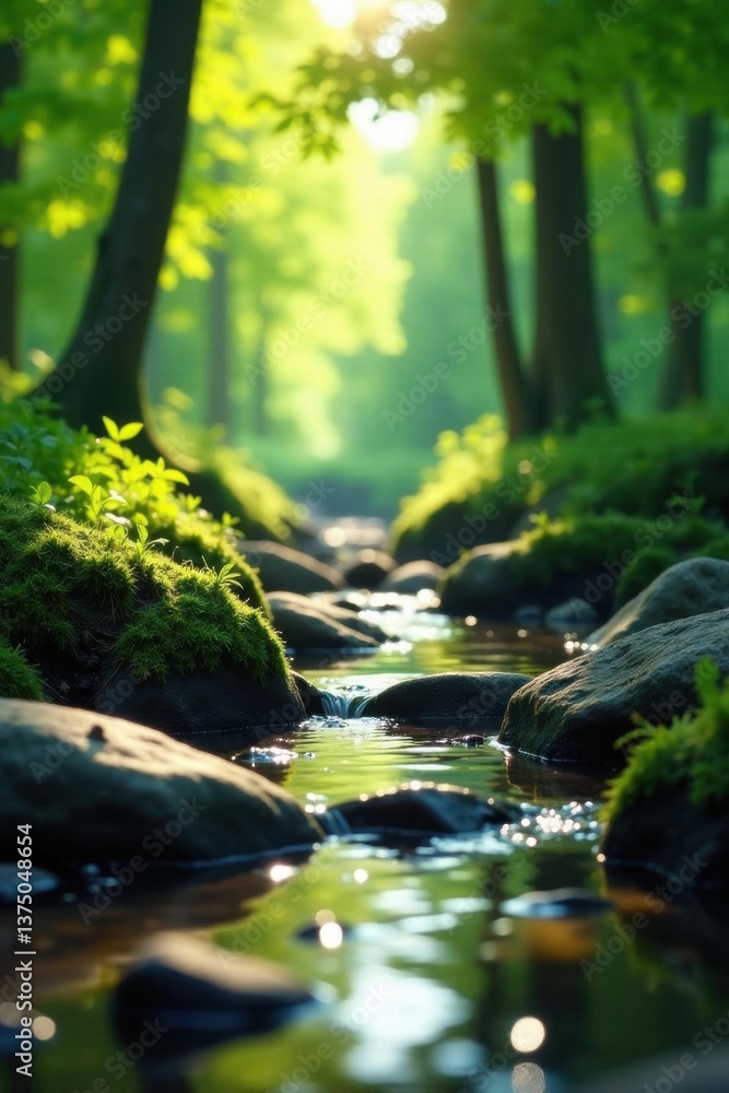 Fototapeta premium Serene forest stream flows gently over moss-covered rocks, bathed in sunlight filtering through lush green canopy