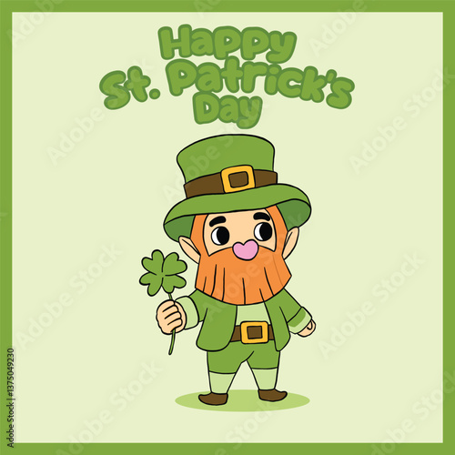 Cute cartoon leprechaun holding a shamrock, celebrating Irish culture and good luck on cheerful St. Patrick’s Day