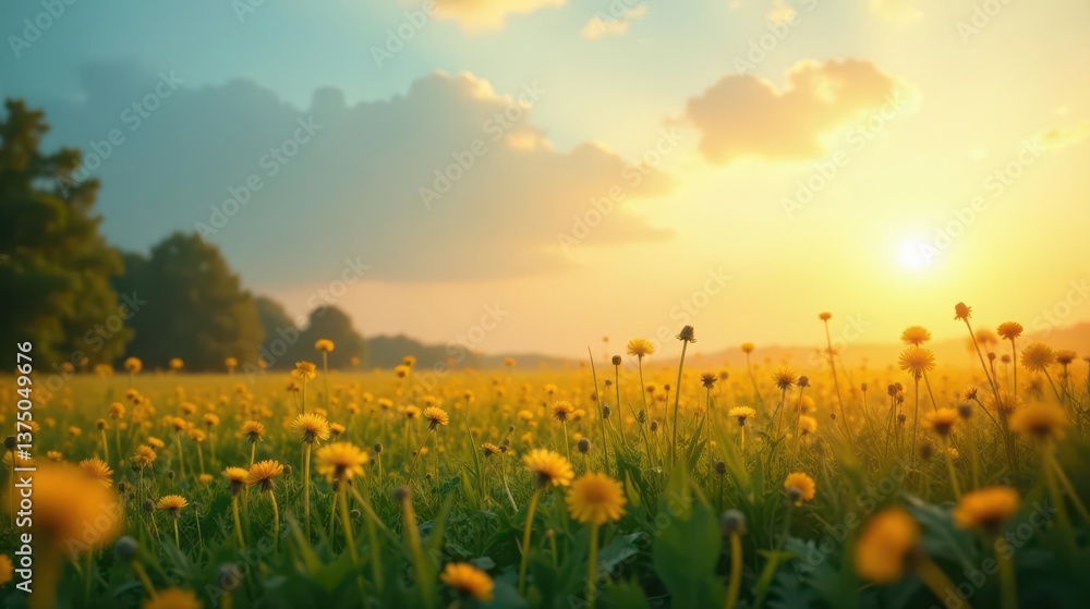 Obraz premium Golden hour illuminates a vibrant field of wildflowers, bathed in the warm glow of the setting sun, creating a breathtaking landscape of nature's beauty.
