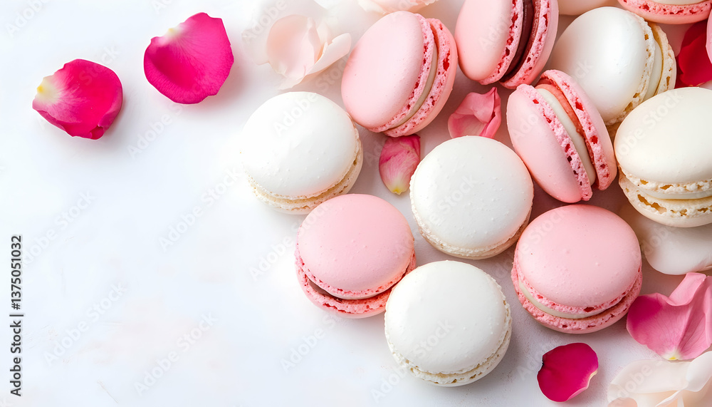 Fototapeta premium Delicate pink and white macarons with rose petals on marble background . AI generative