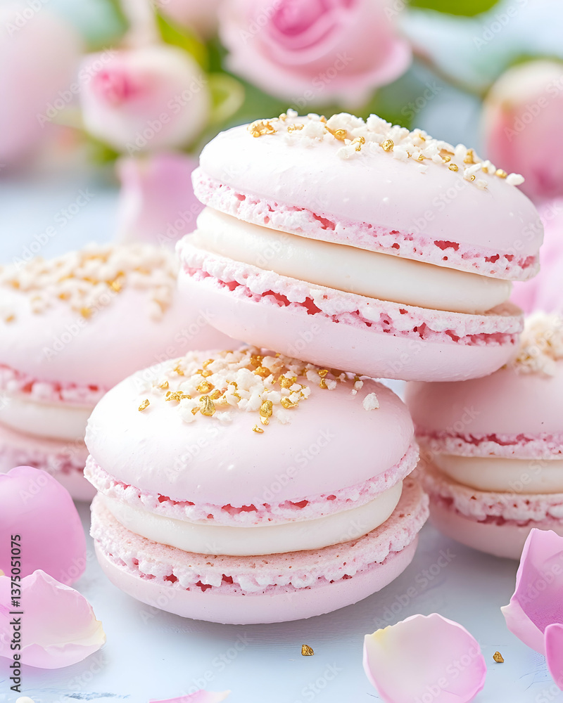 Delicate pink macarons with gold sprinkles, nestled amongst rose petals . AI generative Delicate pink macarons with gold sprinkles, nestled amongst rose petals . AI generative