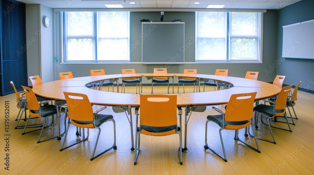 A classroom with desks arranged in a circle for a group discussion or debate.