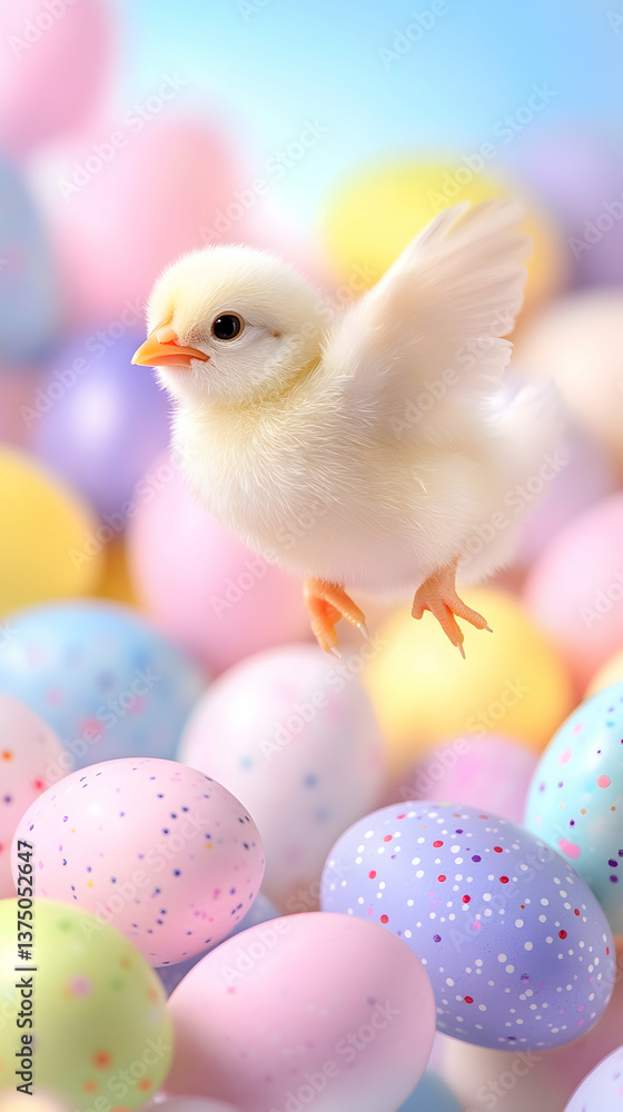 Fluffy chick in flight above pastel Easter eggs . AI generative Fluffy chick in flight above pastel Easter eggs . AI generative