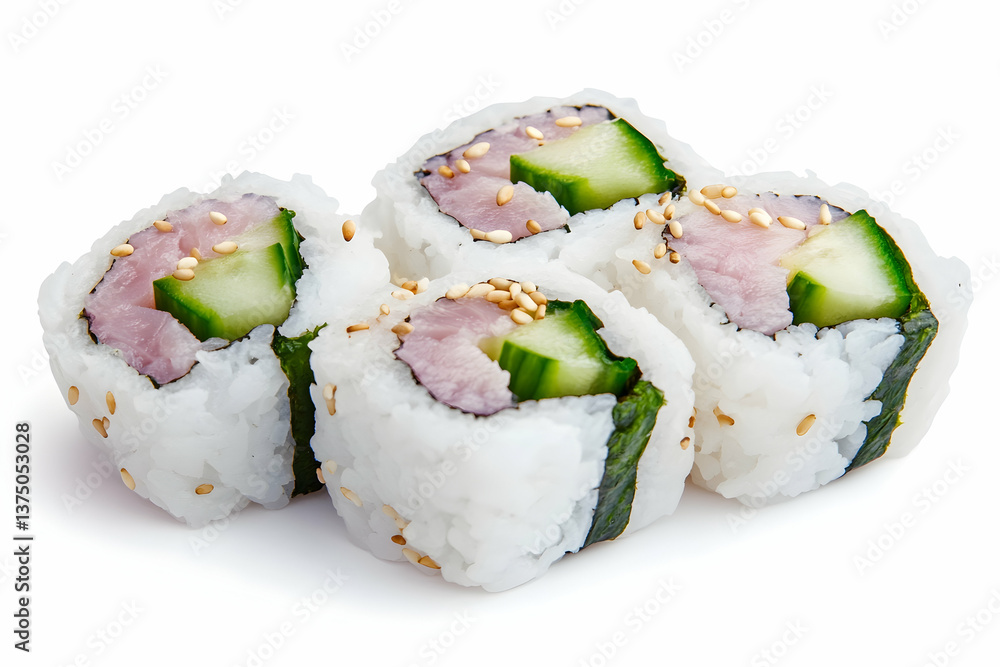 Four pieces of sushi rolls with fish, cucumber, and sesame seeds . AI generative Four pieces of sushi rolls with fish, cucumber, and sesame seeds . AI generative