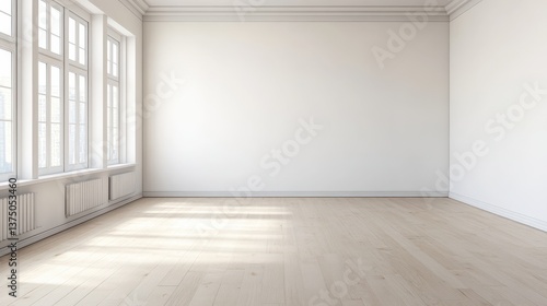 Minimalist interior design neutral tones  space planning. Empty room with large windows and wooden flooring, featuring minimalistic design.