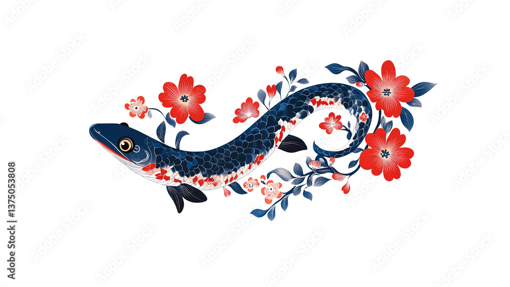 Obraz premium Elegant Koi Fish with Red Blossoms - Japanese Inspired Art