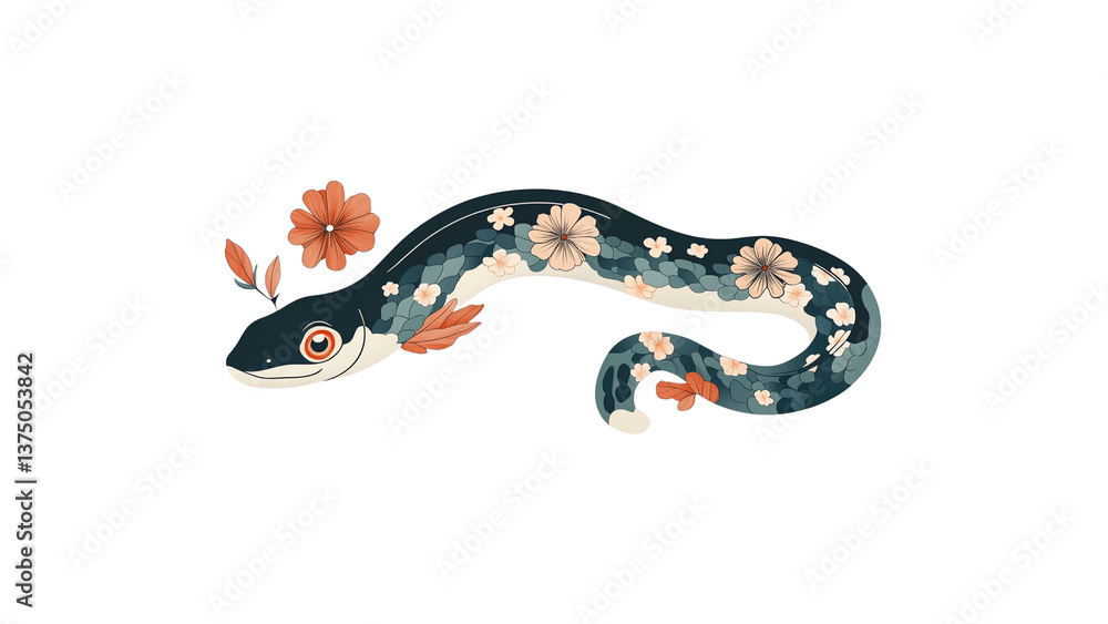 Obraz premium Floral Eel A whimsical illustration of an eel adorned with delicate flowers