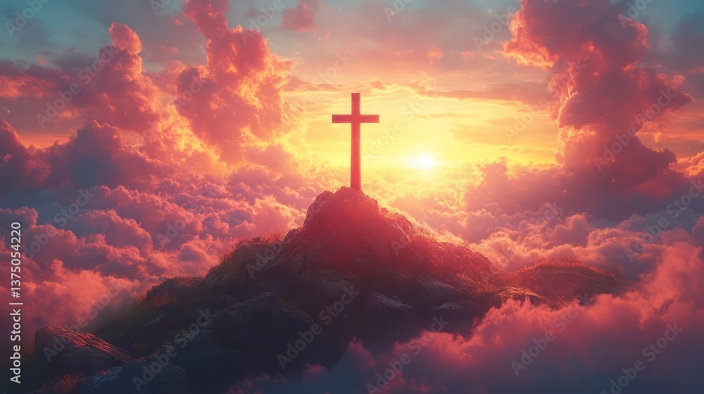 Naklejka premium Crucifix at the top of a Mountain with Sunlight Breaking through the Clouds. Inspirational Christian Image