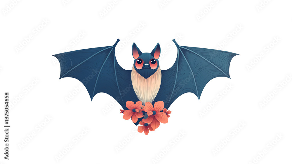 Obraz premium Adorable Bat with Flowers - Cute Cartoon Illustration