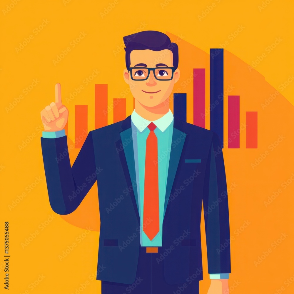 Confident businessman pointing upward with a cheerful expression in front of colorful financial graphs representing growth and success in the corporate world Confident businessman pointing upward with a cheerful expression in front of colorful financial graphs representing growth and success in the corporate world