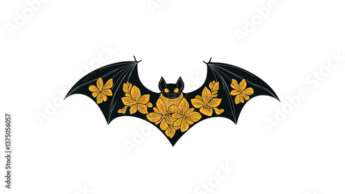 Floral Bat Illustration Dark Elegant Design with Yellow Flowers