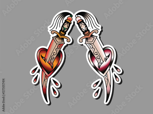 Old school tattoo of a dagger piercing heart with the inscription love. 