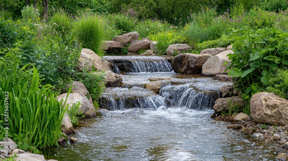 Naklejka premium A slow-flowing river with smooth rocks and lush greenery surrounding it.