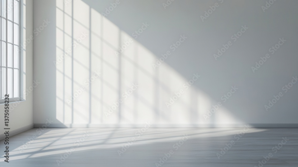 Minimalist interior design neutral tones space planning. Bright, empty room with sunlight casting geometric shadows on the floor. Minimalist interior design neutral tones space planning. Bright, empty room with sunlight casting geometric shadows on the floor.