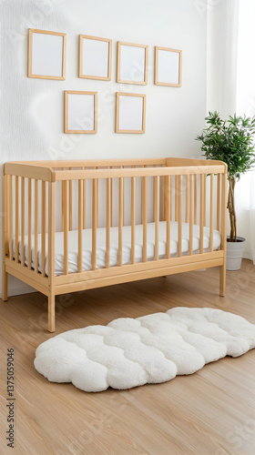 Light wood crib in minimalist nursery with white rug . AI generative
