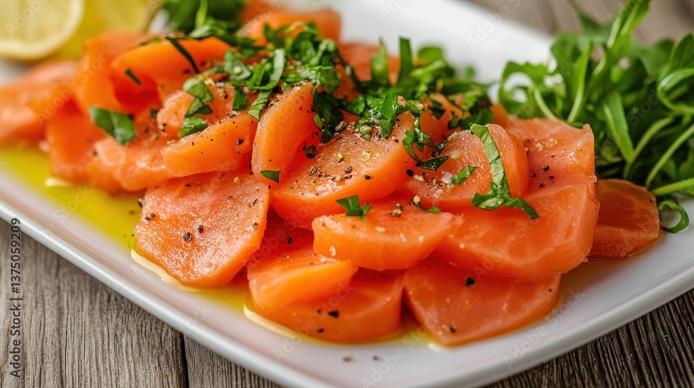 A feast for the eyes and palate featuring vibrant carrot carpaccio topped with fresh herbs A feast for the eyes and palate featuring vibrant carrot carpaccio topped with fresh herbs