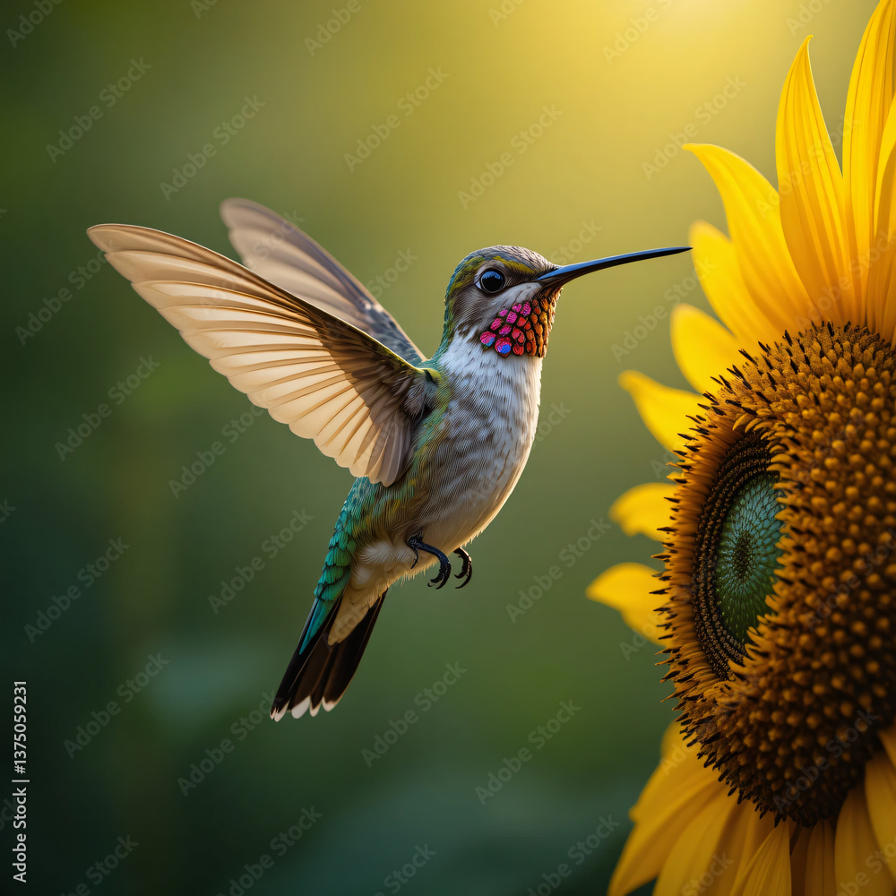 Fototapeta premium A ruby-throated hummingbird hovers, wings blurring, near a green flower