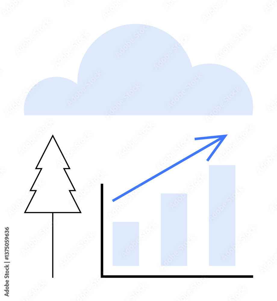 Bar graph with upward arrow alongside tree and cloud. Ideal for sustainability, growth, climate, nature, technology, data analysis, eco-innovation. Flat simple metaphor Bar graph with upward arrow alongside tree and cloud. Ideal for sustainability, growth, climate, nature, technology, data analysis, eco-innovation. Flat simple metaphor