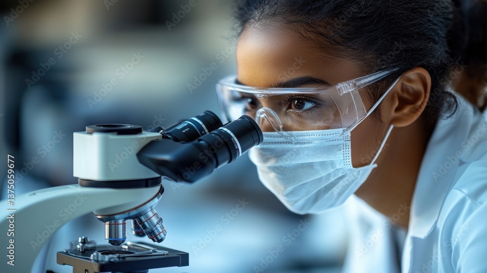 Focused Female Scientist Analyzing Specimen Under Microscope in Lab Setting Focused Female Scientist Analyzing Specimen Under Microscope in Lab Setting