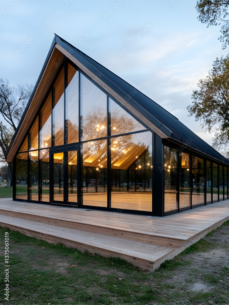 Obraz premium Modern glass pavilion with wooden deck at dusk . AI generative