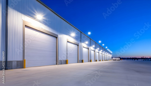 Modern warehouse at twilight, featuring multiple loading docks with bright overhead lighting and a smooth concrete surface . AI generative