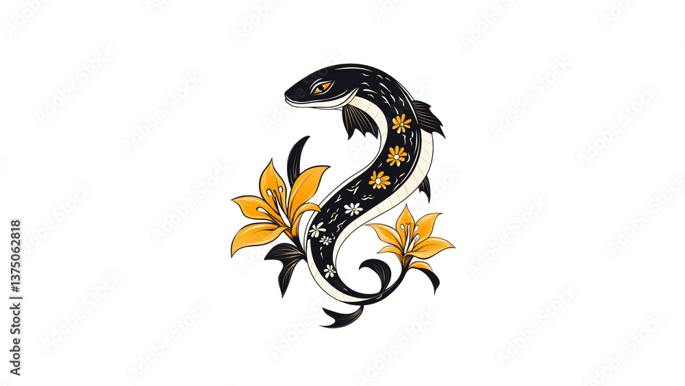 Obraz premium Ornate Black Fish with Yellow Lilies - Elegant Aquatic Floral Design