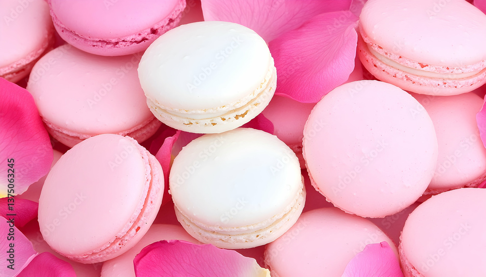 Fototapeta premium Pink and white macarons with rose petals . AI generative