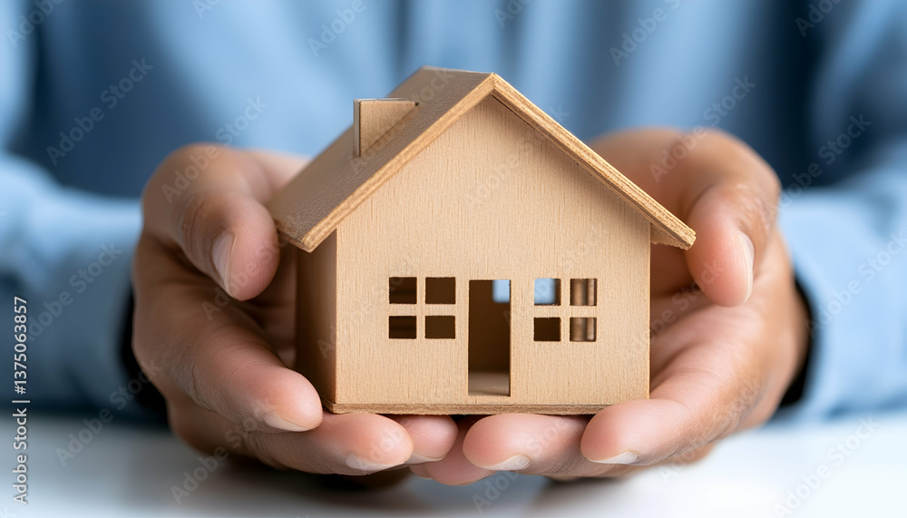 Protecting a small wooden house model in hands Protecting a small wooden house model in hands