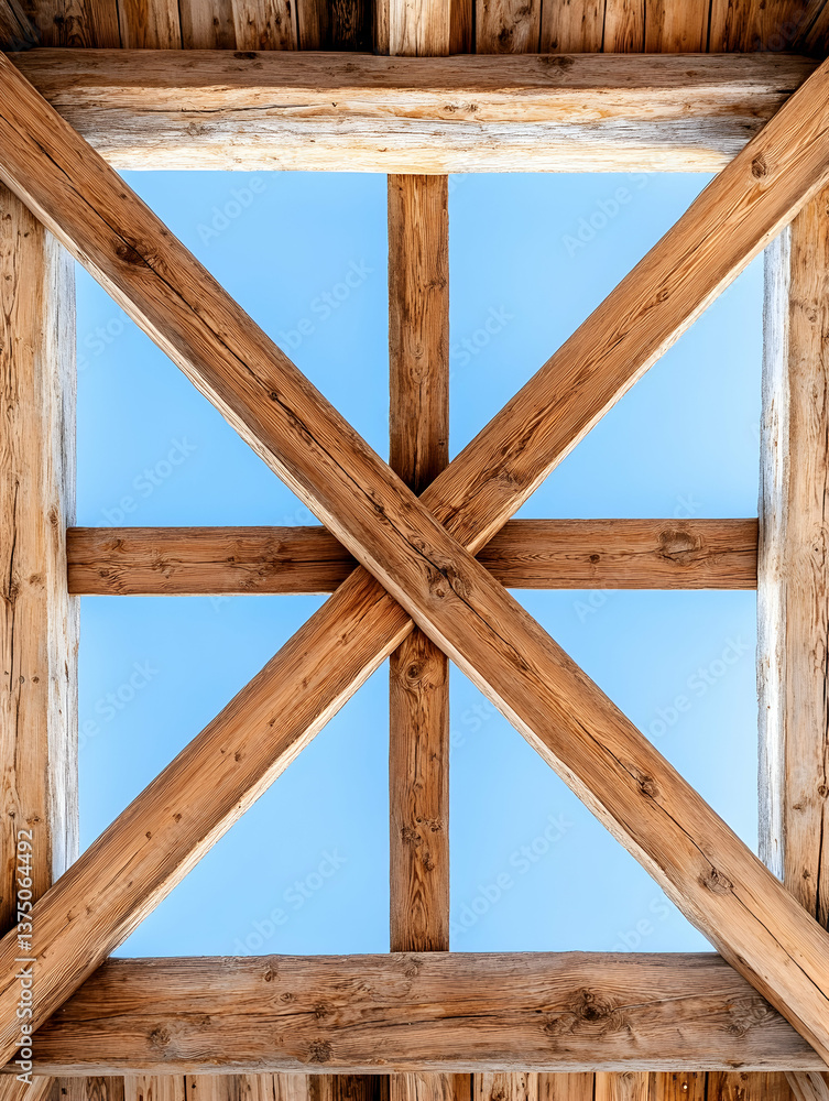 Rustic wooden beams forming a square against a clear blue sky . AI generative Rustic wooden beams forming a square against a clear blue sky . AI generative
