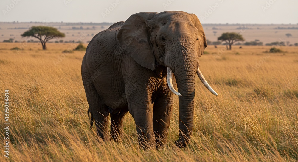 Fototapeta premium African Elephant Golden Hour Savannah Landscape. AI Generated