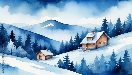 Wallpaper Mural Watercolor winter wallpaper. Blue colors. Blue Landscape. Cute winter landscape. Winter forest, snowy hills and lonely house.  Torontodigital.ca