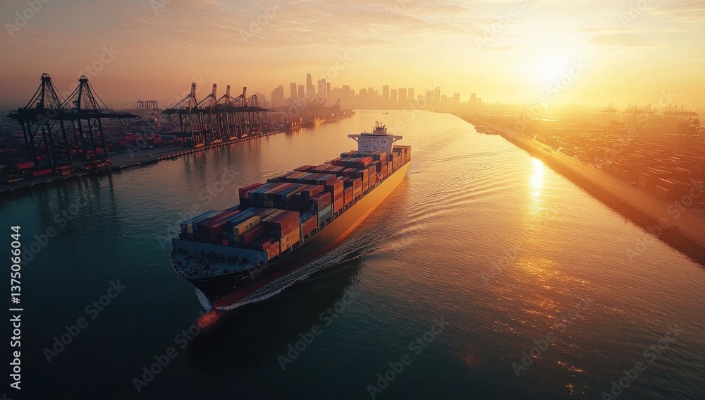 Fototapeta premium Container Ship at Sunset: Majestic Vessel Navigating the Golden Waters Towards the City Skyline