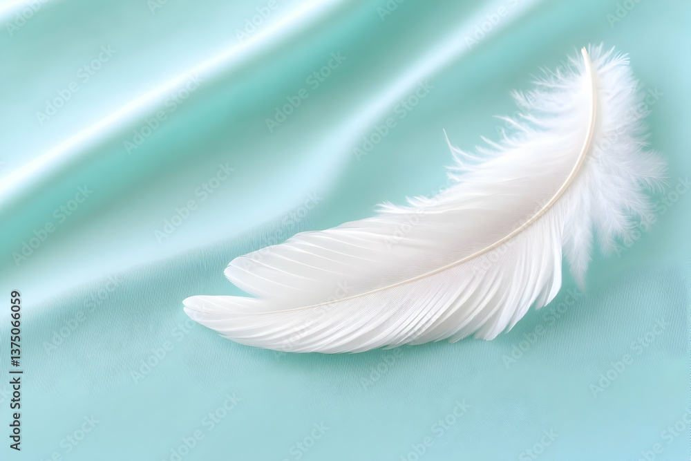 Fototapeta premium Single white feather on soft, teal fabric . AI generative