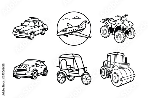 A Bundle of vehicle-related icons set with various symbols and elements in a doodle style