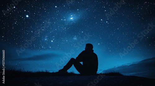 A man is sitting on a hillside and looking up at the stars