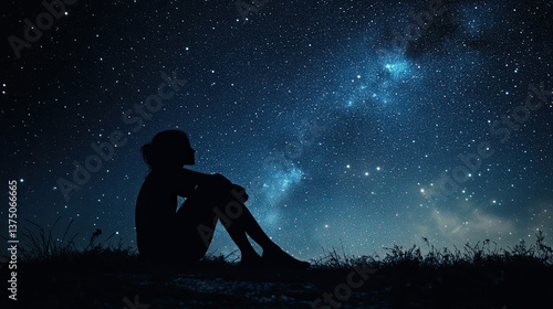 A woman is sitting on the grass and looking up at the stars