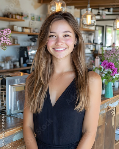 Smiling young woman in a black dress at a cafe counter . AI generative