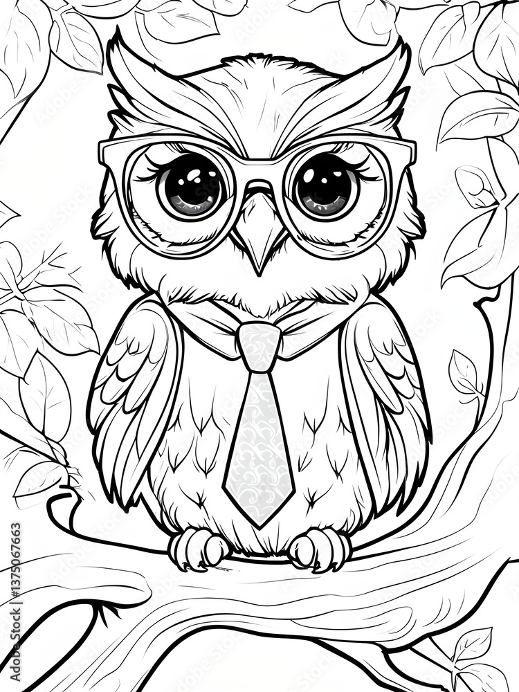 Fototapeta premium Stylish Owl With Glasses And Necktie On Tree Branch Coloring Book