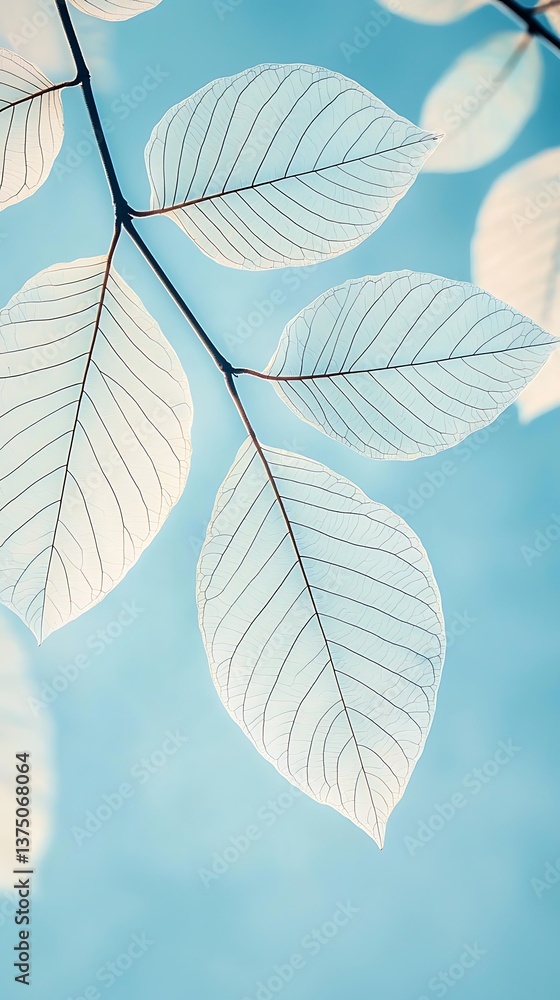 Fototapeta premium Delicate leaves appear translucent against a soft blue background, showcasing intricate vein patterns and a serene, natural aesthetic.