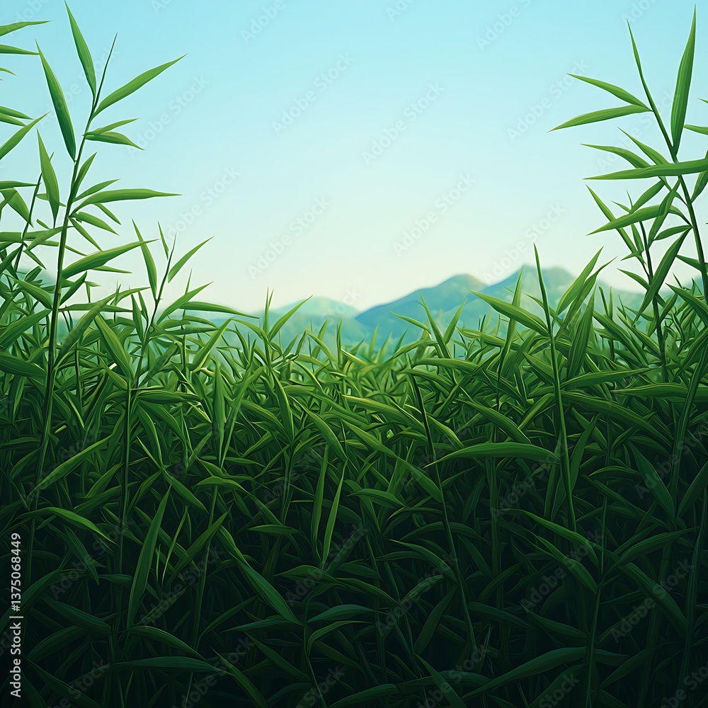 Obraz premium Lush green bamboo rises against a serene blue sky, with distant mountains providing a tranquil backdrop, creating a peaceful natural scene.
