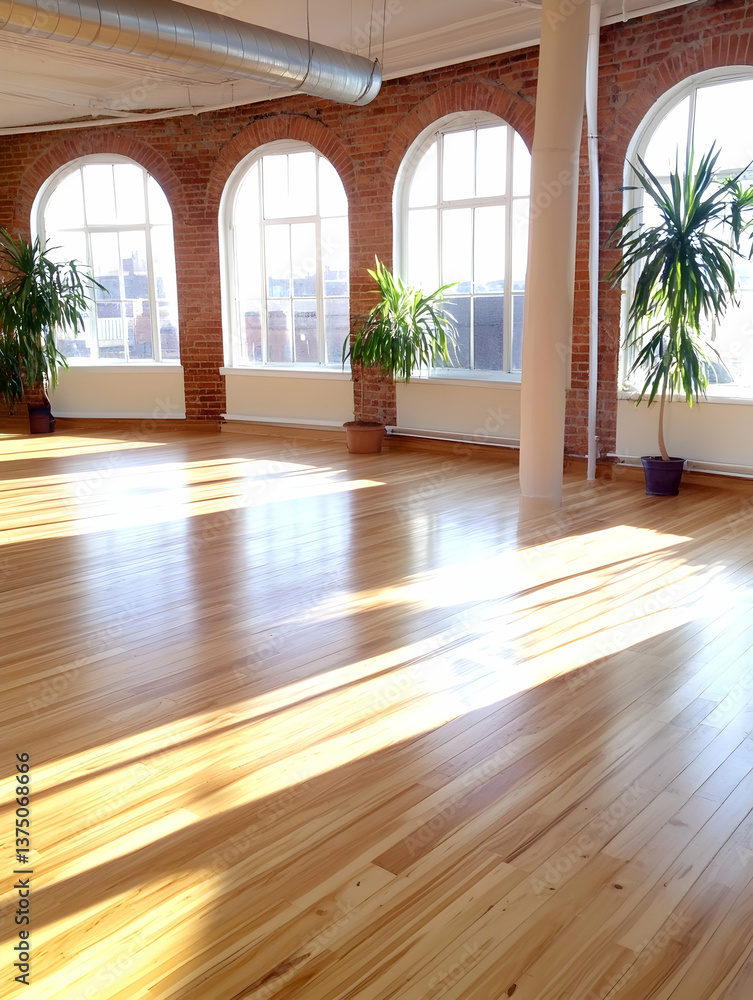 Fototapeta premium Sunlit loft space with hardwood floors, exposed brick, and arched windows