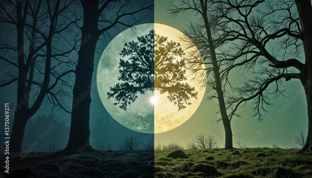 Naklejka premium Surreal split-image of trees against moonlit background